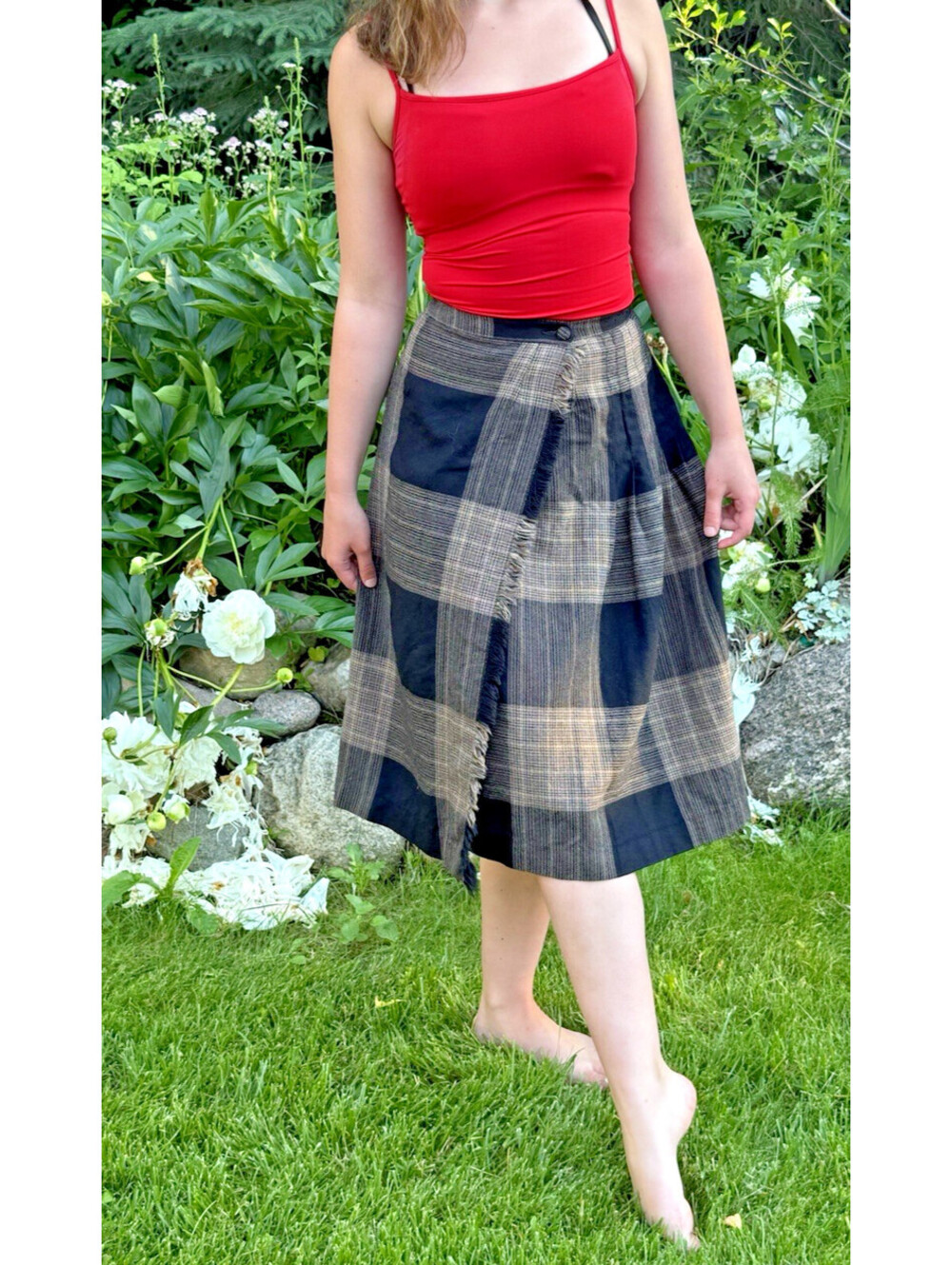 Vtg Wool Pleated Wrap Skirt Black Brown Plaid Fringe Edge Camille Highland Queen